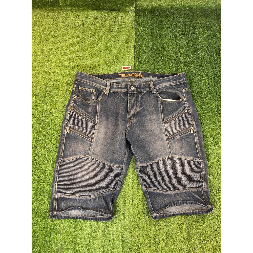 Trill Nation Mens Blue Moto Biker Denim Shorts Ribbed Zipper Size 38 TNS17-6B